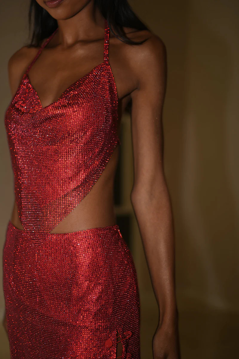 Daphne Diamante Cowl Neck Halter Top - Red | Meshki (APAC)
