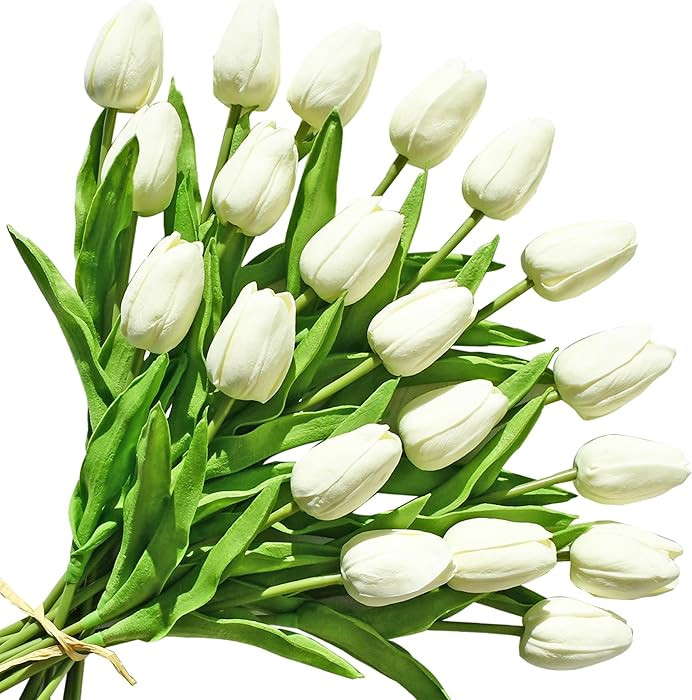 ONLY ART Artificial Cream Tulips 20 Pcs – 13.5 Inch PU Faux Flowers with Bendable Stems for Hom... | Amazon (US)