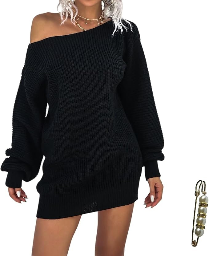 Womens Off Shoulder Oversized Knit Sweater Longline Puff Sleeves Tunic Top Loose Fit Fall Winter ... | Amazon (US)