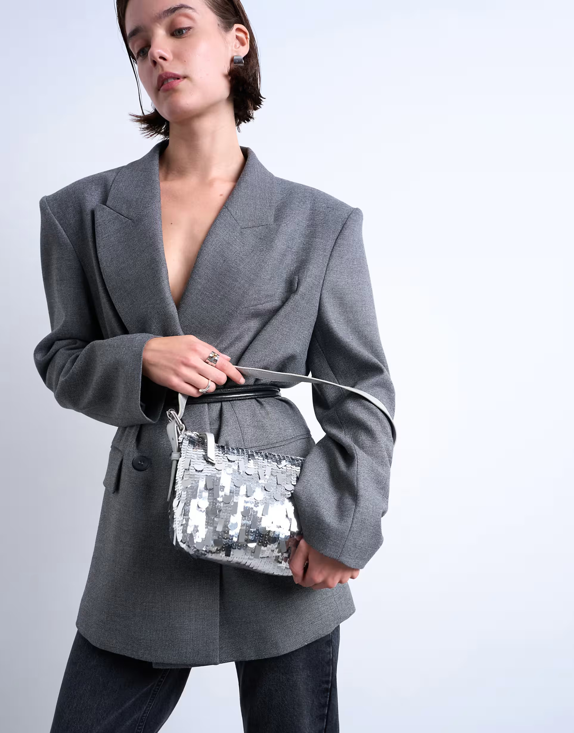 Topshop Sol shoulder sequin bag with leather handle in silver | ASOS (Global)