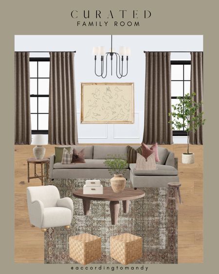 Mood board, living room, family room, Dan, art, light fixture, chandelier, rug, sectional, sofa, accent chair, Ottomans, throw pillows, end, table, coffee, table, photo stand, home, decor, inspiration, curtains, drapes, plant, tree, lamp 

#LTKhome #LTKstyletip #LTKunder100