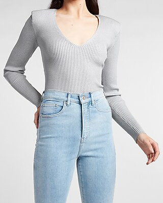 Ribbed Padded Shoulder V-Neck Sweater | Express