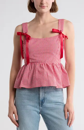 Lush Bows Gingham Peplum Tank in Red White Gingham at Nordstrom Rack, Size X-Small | Nordstrom Rack