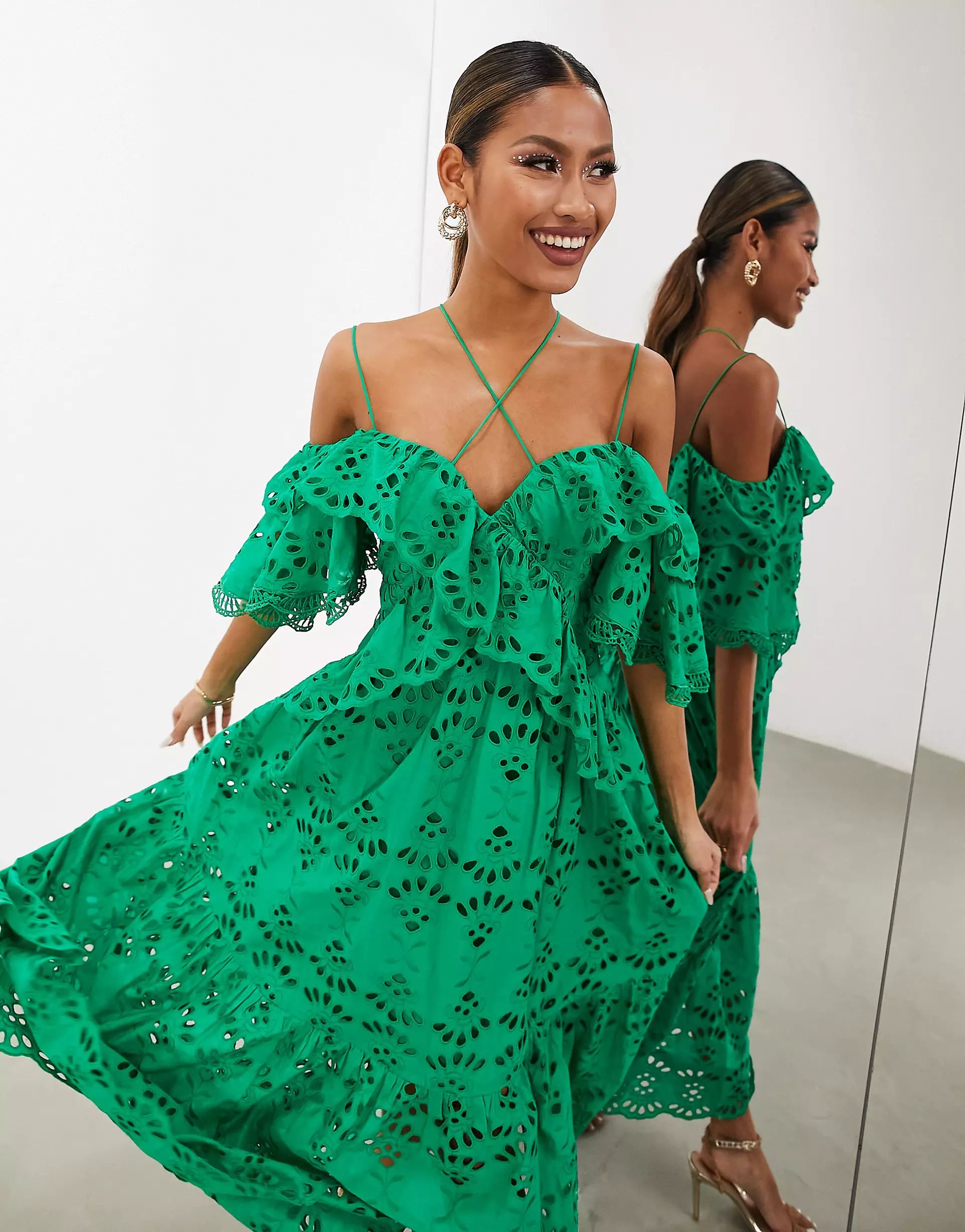 ASOS EDITION eyelet strap detail ruffle midi dress in bright green | ASOS (Global)