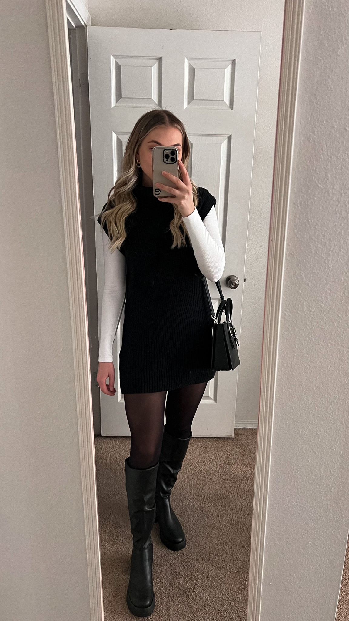 I love this winter outfit!! Sweater dress, turtleneck sweater dress, white bodysuit, long sleeve bodysuit, tights, sheer tights, sheertex, black purse, trendy outfits, winter outfit inspo, Abercrombie finds, street style 

#LTKSeasonal #LTKstyletip #LTKGiftGuide