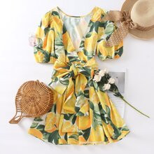 Allover Lemonade And Leaf Print Belted Dress | SHEIN