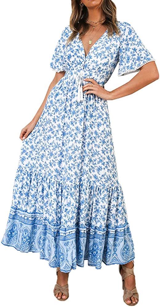 R.Vivimos Womens Summer Cotton Short Sleeve V Neck Floral Print Casual Bohemian Midi Dresses | Amazon (US)