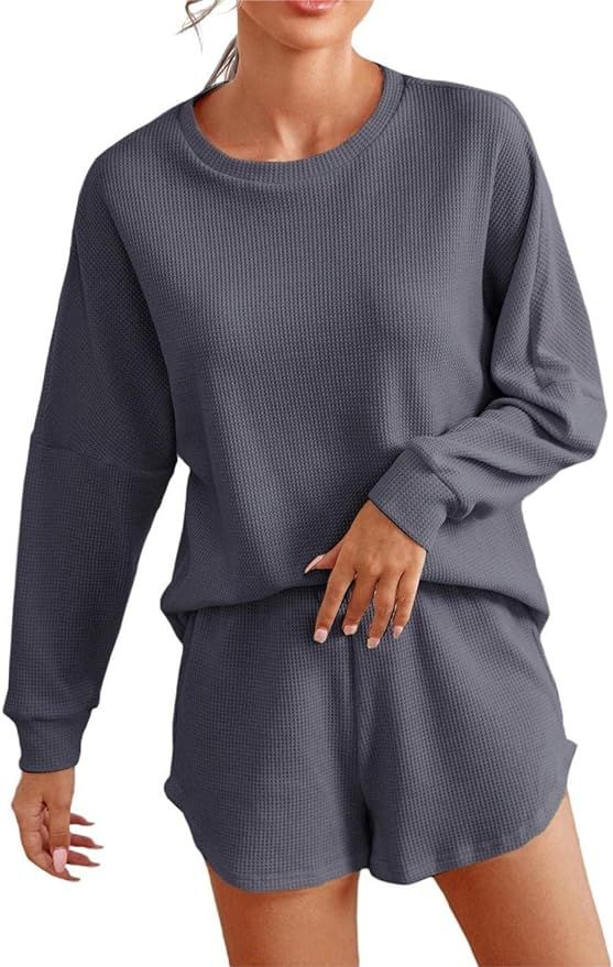 MakeMeChic Women's 2 Piece Pajamas Sets Waffle Knit Long Sleeve Top and Shorts Loungewear Sleepwe... | Amazon (US)