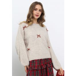 Plaid Bow Embellished Puff Sleeve Fuzzy Knit Sweater in Oatmeal | Chicwish