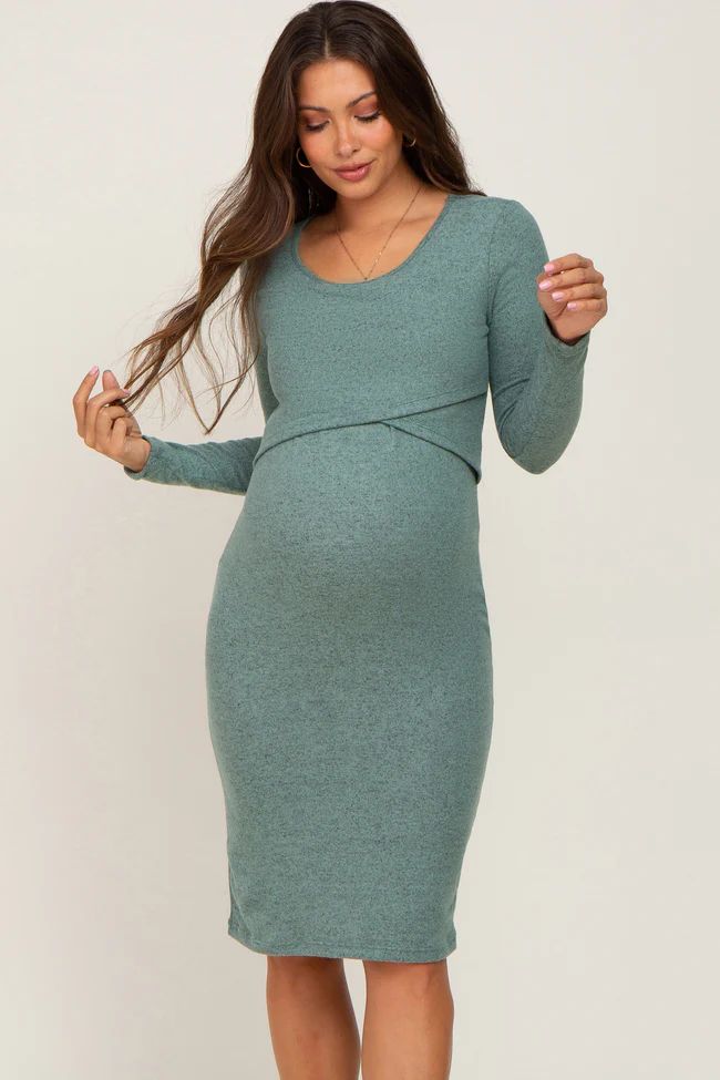 Green Brushed Knit Long Sleeve Maternity Wrap Nursing Dress | PinkBlush Maternity