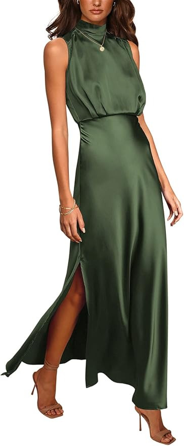 PRETTYGARDEN Women's Summer Long Formal Satin Dress Mock Neck Sleeveless Side Slit Flowy Maxi Tan... | Amazon (US)