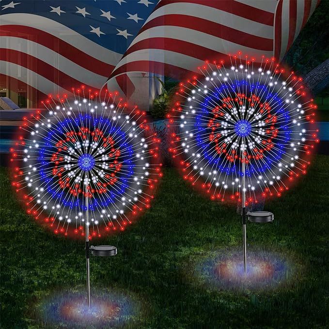 Enhon 2 Pack 4th of July Solar Firework Lights, Each 360 LEDs Red White Blue Lights 8 Modes Solar... | Amazon (US)