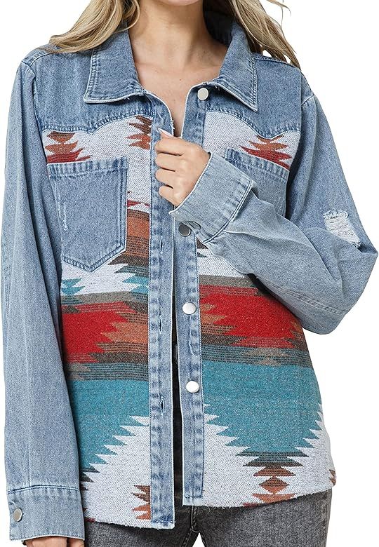 Lumister Women's Aztec Denim Jacket Distressed Lapel Long Sleeve Vintage Button Down Denim Jacket... | Amazon (US)