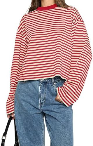 IWD Womens Striped Long Sleeve Shirts Y2k Oversized Drop Shoulder Sweatshirt Crewneck Color Block... | Amazon (US)