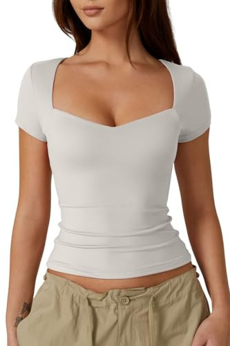 QINSEN Women's Short Sleeve Crop Top Sweetheart Neck Slimming Fit Tee Shirt White S | Amazon (US)