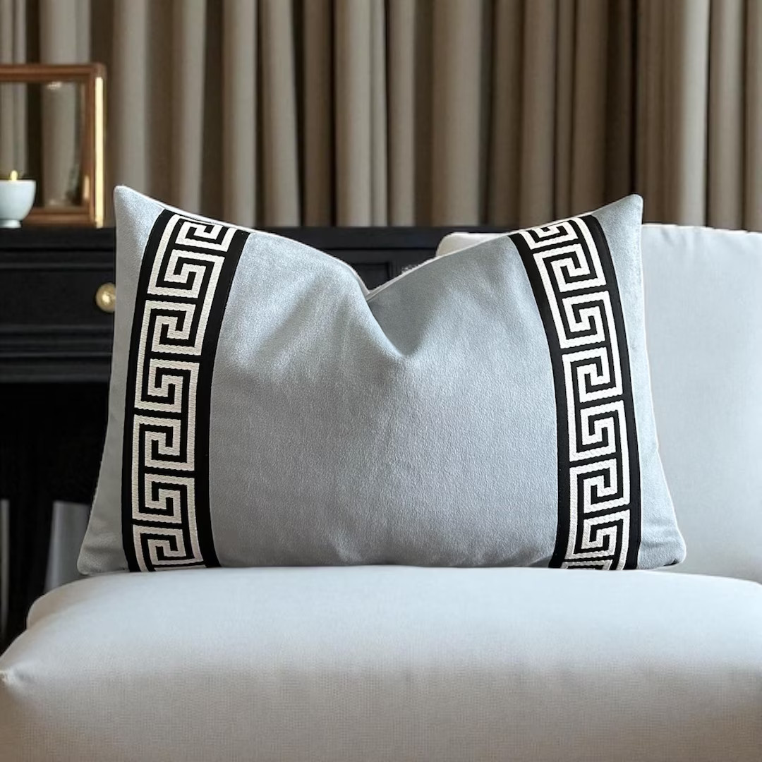 Mist Blue Velvet Pillow Cover: Greek Key Trim, Designer Throw Pillow | Etsy (US)