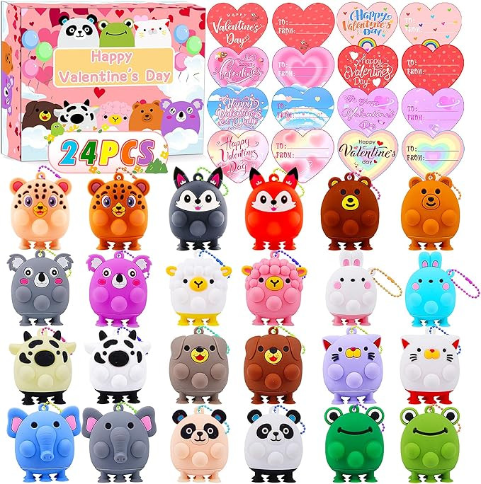 Valentines Day Cards for Kids School, 24PCS Animal Pop Suction Toys with Valentines Cards, Kids V... | Amazon (US)
