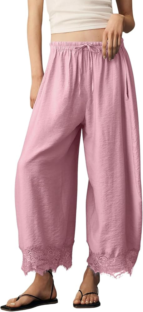 PUWEI Women's Cropped Lace-Hem Pants High Waisted Drawstring Wide Leg Pants Casual Lightweight Tr... | Amazon (US)