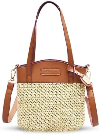 Beach Bag for Women, Summer Straw Bag, Hand-woven Tote Bag Stitched Leather, Crossbody Bag Suitab... | Amazon (US)