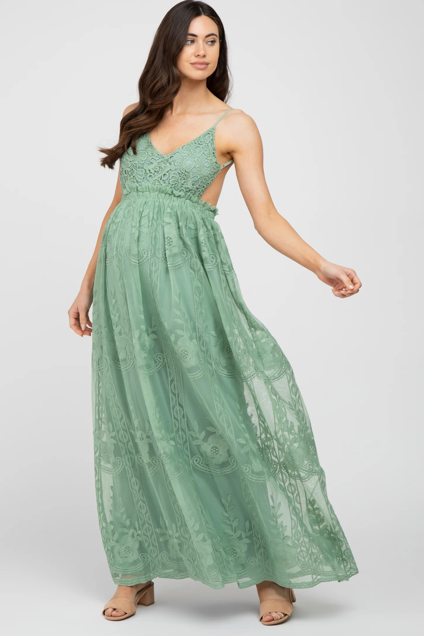 Mint Green Crochet Lace Open Back Maternity Maxi Dress | PinkBlush Maternity