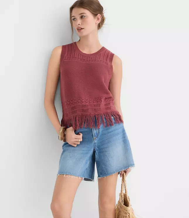 Fringe Pointelle Sweater Tank Top | LOFT
