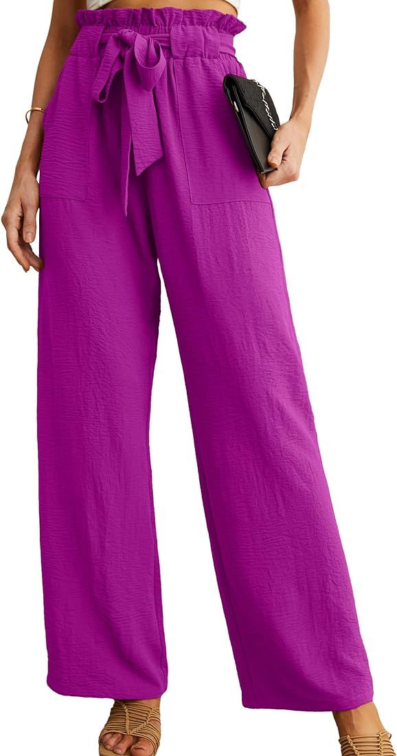 IWOLLENCE Women's Wide Leg Pants with Pockets High Waist Adjustable Knot Loose Casual Trousers Bu... | Amazon (US)
