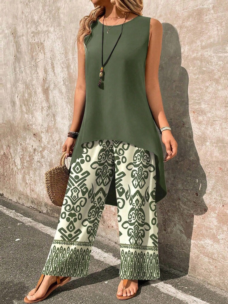 EMERY ROSE 2pcs/Set Paisley Print Sleeveless Top And Wide Leg Pants Set | SHEIN