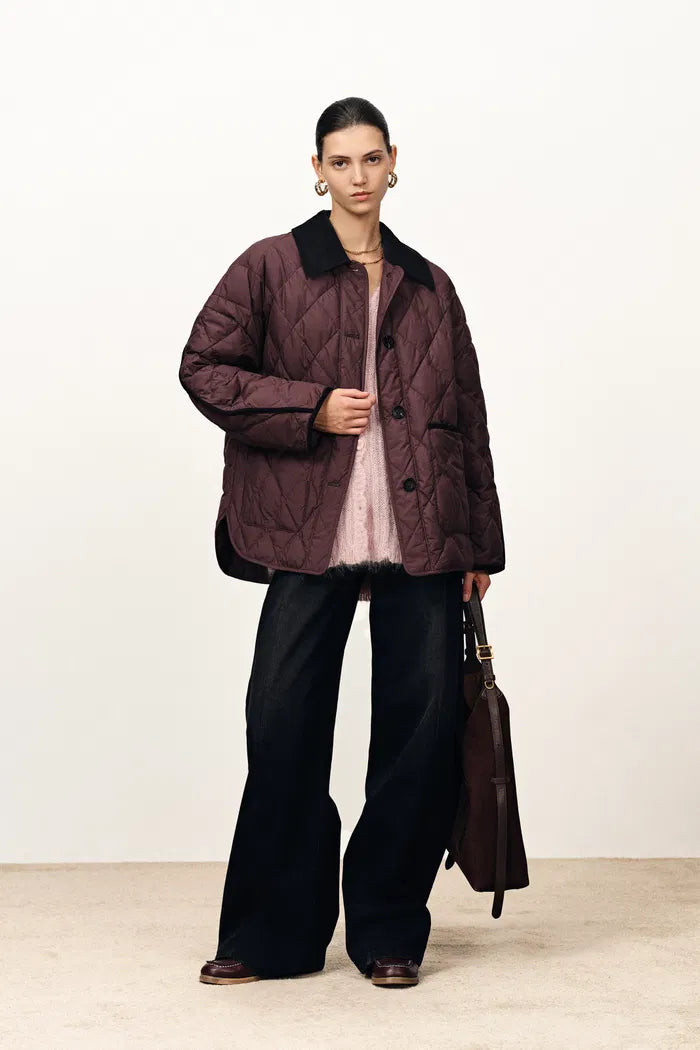 Udelle Contrast Corduroy Collar Down Jacket in Matte Cotton with Graph | Fabrique