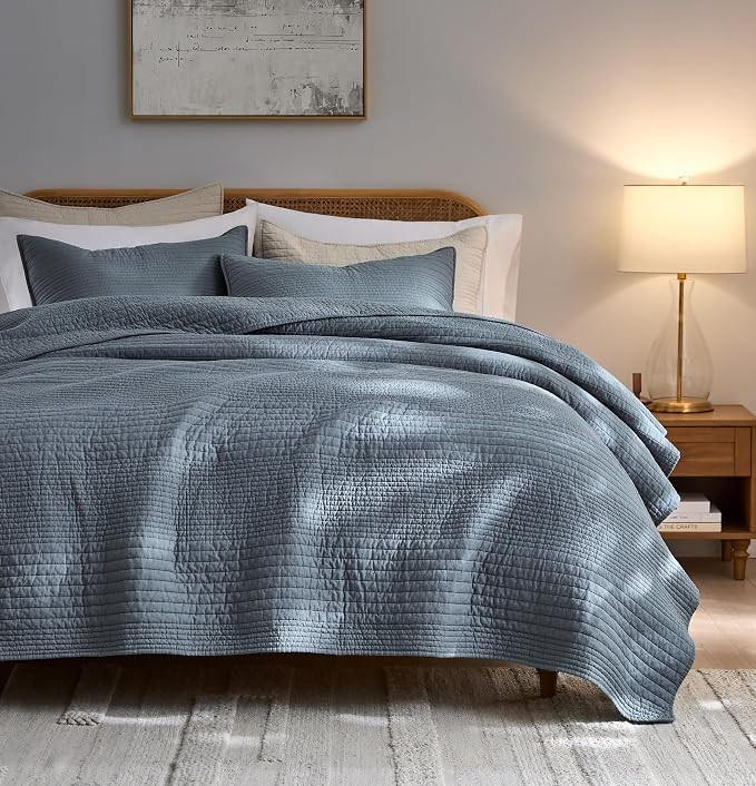 Striped Blue Grey 100% Cotton Quilt Twin Size Bedding Sets, Lightweight Crinkly Channel Pick Stit... | Amazon (US)