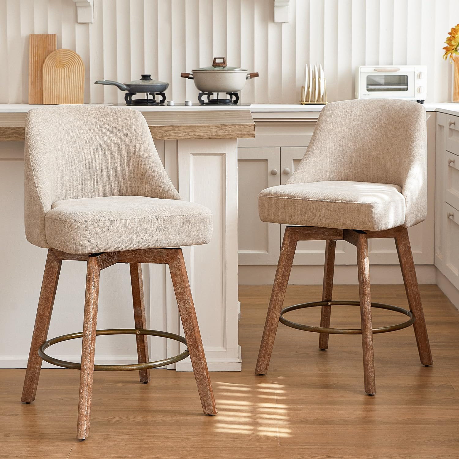 Counter Height Bar Stools,Sand-Colored Linen Comfort Fabric Bar Stool Set of 2,360° Swivel Count... | Amazon (US)