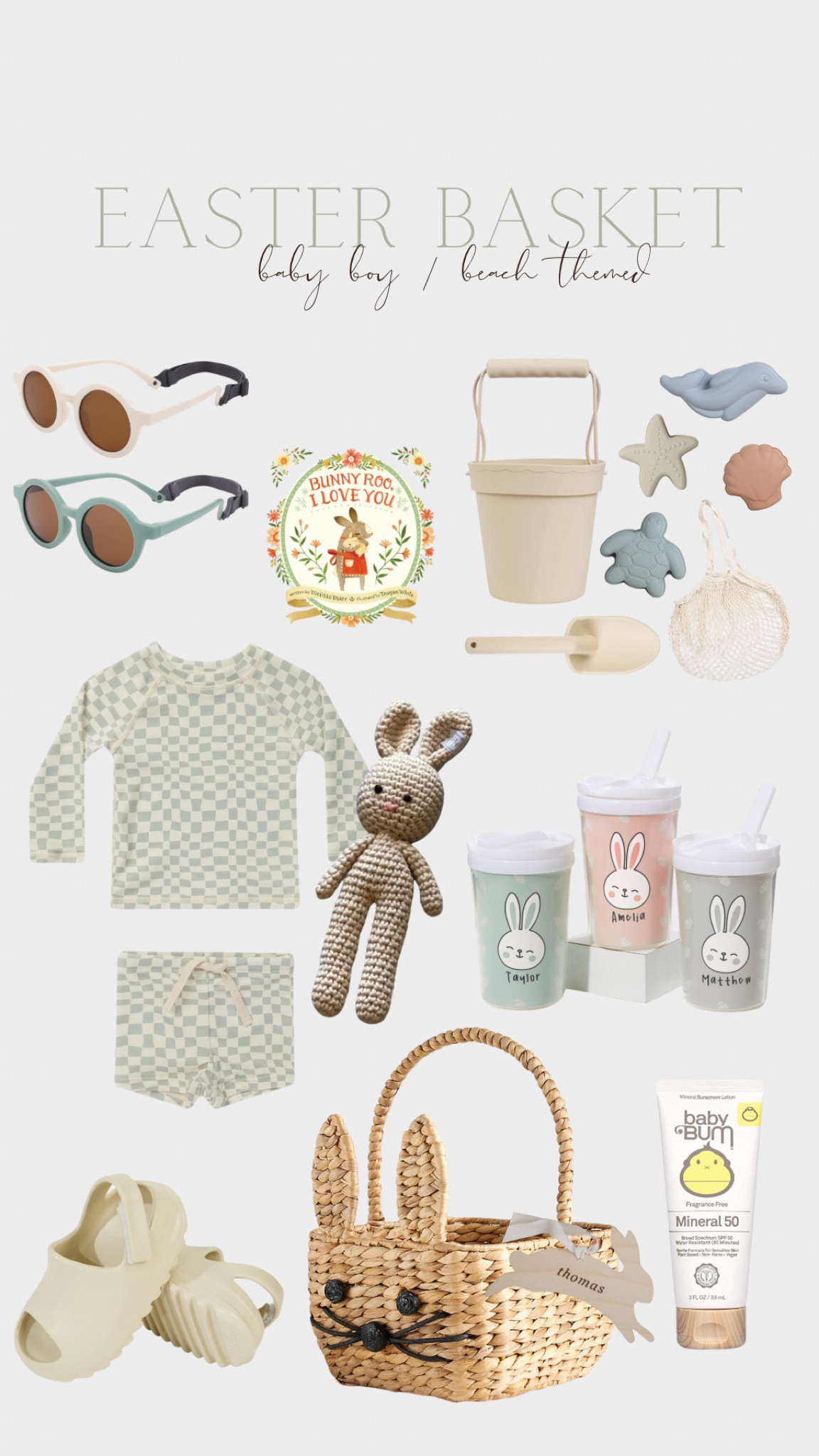 Beach theme Easter basket// baby toddler boy 

Easter baskets 
Easter gifts 
Toddler boy 
Baby boy 
Beach 
Summer 
Beach theme 
Sippy cups 
Checkered kids swimsuit 
Kids swimsuits 
Amazon find 
Etsy 
Walmart find 
Easter 2024 
Bunny rattle 
Beach toys 
Kid books 
Easter books 

#LTKbaby #LTKSeasonal #LTKkids