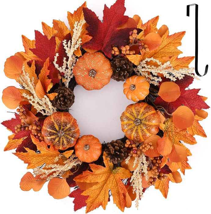 20 Inch Fall Wreaths Decorations Maples Autumn Wreath with Hanger | Amazon (US)