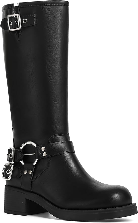 AMINUGAL Knee High Boots Women Square Toe Pull On Wide Calf Riding Fashion Buckles Chunky Metalli... | Amazon (US)