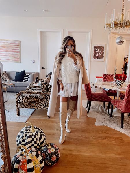 Neutral fall outfit idea! Monochrome outfit, white outfit, over the knee boots, sweater vest, shirt dress, ivory coat, fall style, fall outfit. Wearing size small 

#LTKstyletip #LTKSeasonal