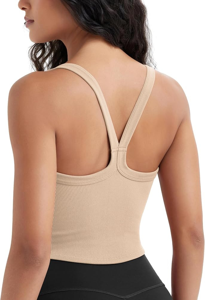 ODODOS Women's Seamless Crop Cami Wide Scoop Neck Ribbed Soft Open Racerback Cropped Tank | Amazon (US)