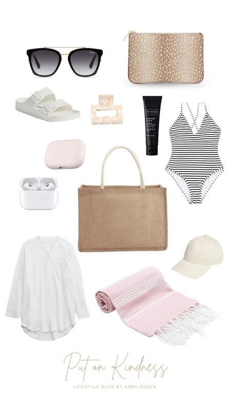 Quay oversized sunglasses. Revision Intellishade, sunscreen. Neutral hair claw clip. White gauze, button up swimsuit cover-up shirt. AirPod pros silicone pink case. Turkish towel. Pink and white stripe beach towel. Black and white stripe women’s swim suit. Burlap beach tote. Pool bag. White Birkenstocks. 