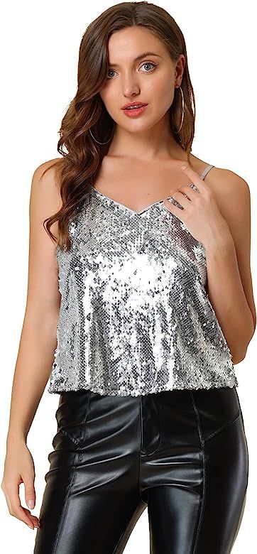 Allegra K Women's Sequined Shining Camisole Club Party Glitter Disco Sparkle Cami Top | Amazon (US)
