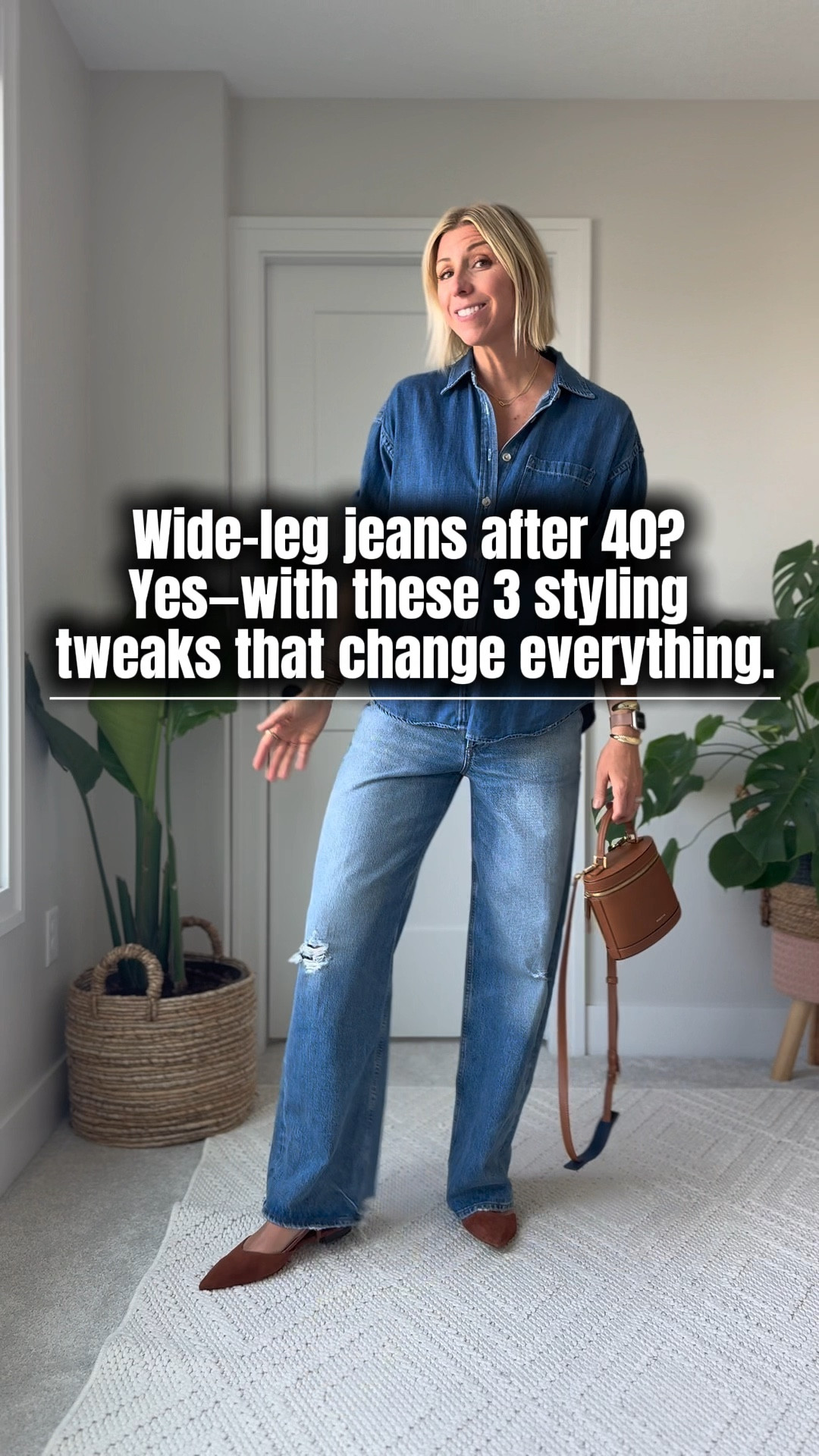 If you’ve ever felt like wide-leg jeans just “swallowed” you whole—this is for you.

The truth? It’s not the jeans—it’s the details.
The wrong shoes, stiff sleeves, or a closed collar can make a great base look unfinished or unflattering. But with just a few intentional tweaks, your outfit goes from shapeless to styled.

These subtle shifts elongate your frame, add movement, and create polish—without overthinking it.
Perfect for the woman who wants to feel confident in her clothes without chasing trends or trying too hard.👏🏻
These full length jeans fit like a dream- mid-rise, relaxed fit - get your true size. The oversized button up shirt also fits true to size 👍🏻

#LTKOver40 #LTKStyleTip #LTKShoeCrush