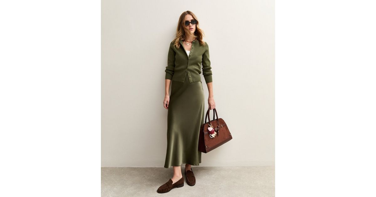 Light Khaki Satin Bias Cut Midi Skirt | New Look | New Look (UK)