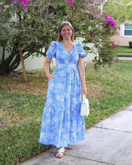 Blue floral puff sleeve maxi dress. Lilly Pulitzer summer maxi dress  