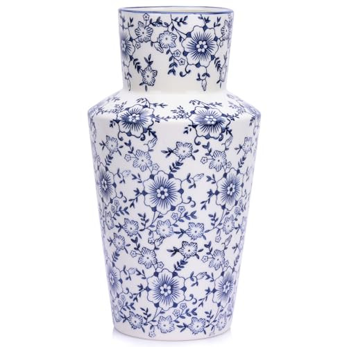 Chinoiserie Decor Blue and White Floral Vase - 11" Vintage Ceramic Pottery Vase for Centerpieces, Farmhouse Decor | Amazon (US)