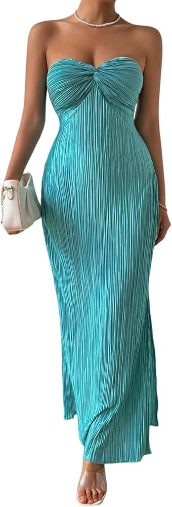 LIGHT DOT Women's Summer Dress Plisse Maxi Tube Bodycon Dress Back Tie Beach Resort Vacation | Amazon (US)