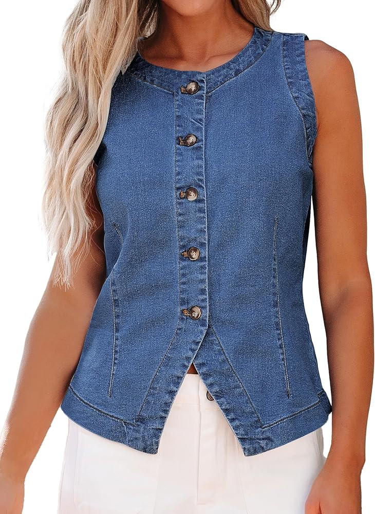 luvamia Denim Vest for Women Sleeveless Strechy Jean Vest Top Button Down Crewneck Casual Summer ... | Amazon (US)