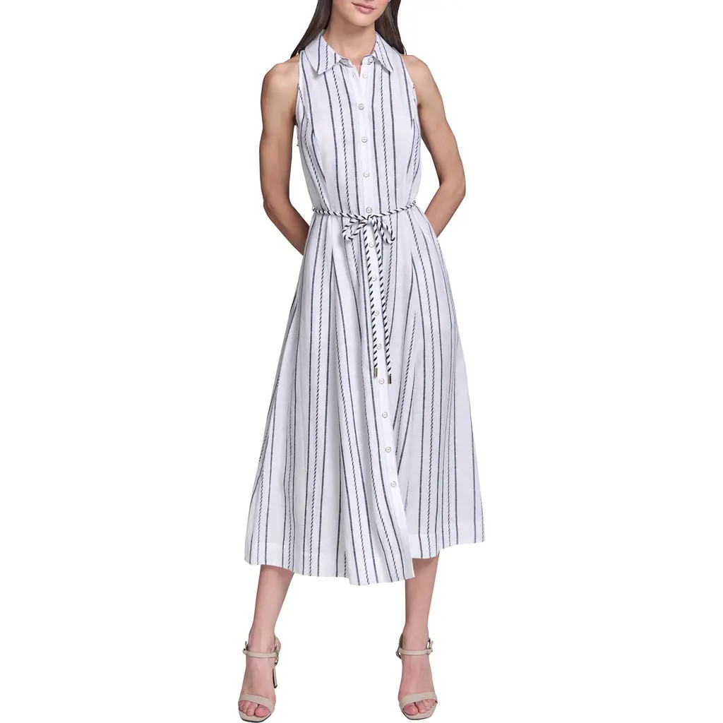 KARL LAGERFELD Striped Midi Shirtdress in Soft White/maritime at Nordstrom, Size 8 | Nordstrom