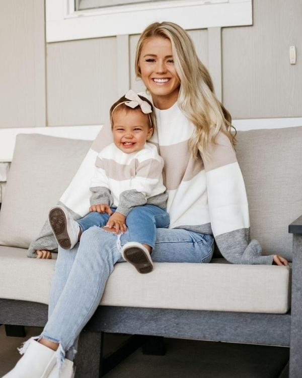 Crawford Mommy & Me Bubble Sleeve Sweater - Pink, White & Gray Stripe | Bailey's Blossoms