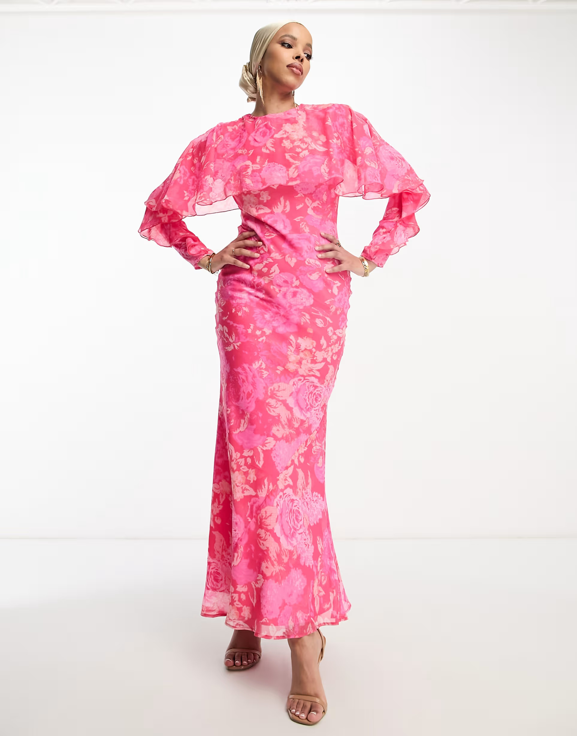 ASOS DESIGN long sleeve ruffle bias maxi dress with cape detail in pink rose floral print | ASOS (Global)