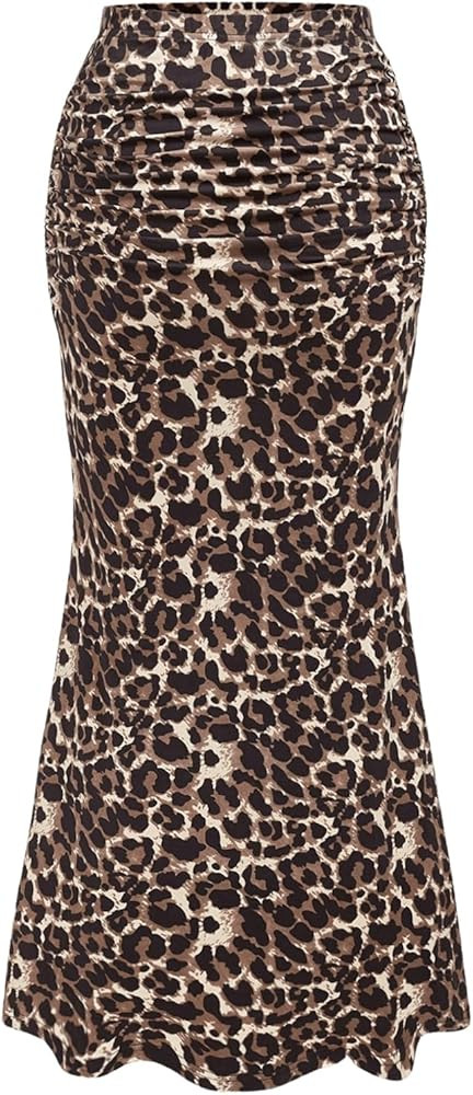 Floerns Women's Leopard Print Fishtail Hem Skirts Ruched Textured Midi Skirts | Amazon (US)