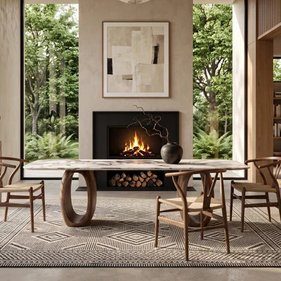 Modern 78.74" Pandora Stone Dining Table with Oval Wood Base, Rectangular | Wayfair North America