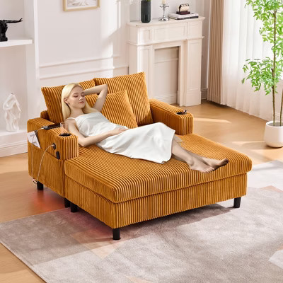 Oversized Upholstered Chaise Lounge Lazy Sleeper Sofa Bed Reading Couch with Pillows, USB&Type-C port, Cup Holder, Side Pocket, Yellow-ModernLuxe | Target