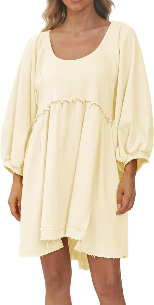 Meladyan Women Oversized Sweatshirt Dress Raglan Lantern Sleeve Scoop Neck Pullover High Low Hem ... | Amazon (US)